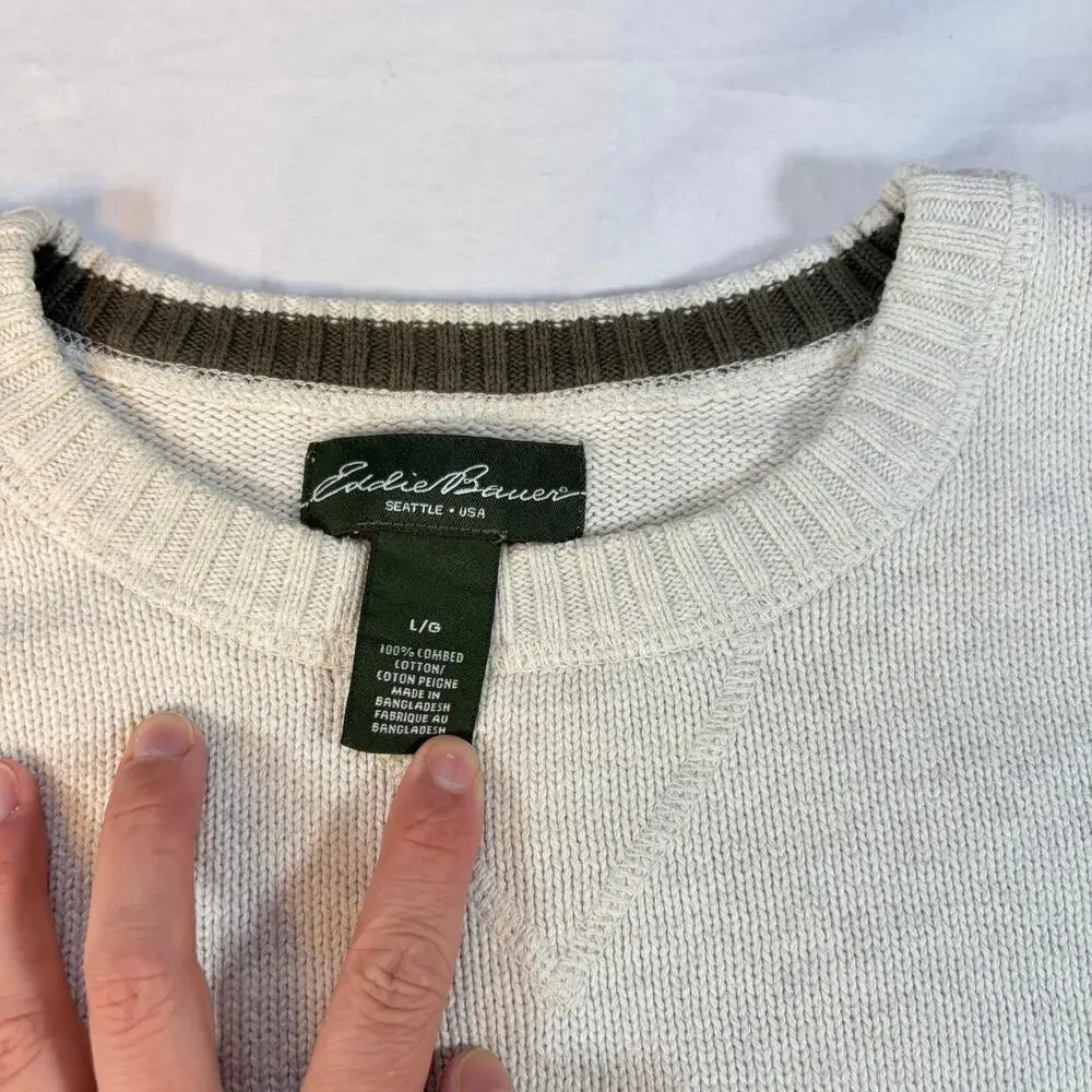 Eddie Bauer Mens cream combed cotton sweater. crew neck. Size L. preppy, classic - Picture 2 of 3